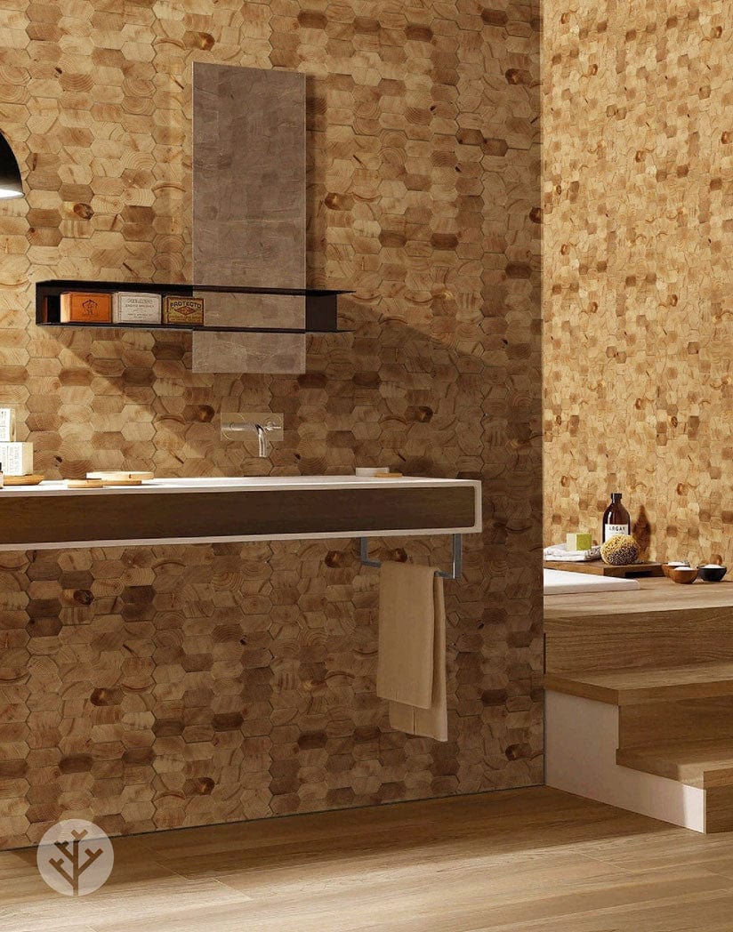 The Wood Veneer Hub Geometrical Honeycomb Natural Wood Mosaic Wall Panels
