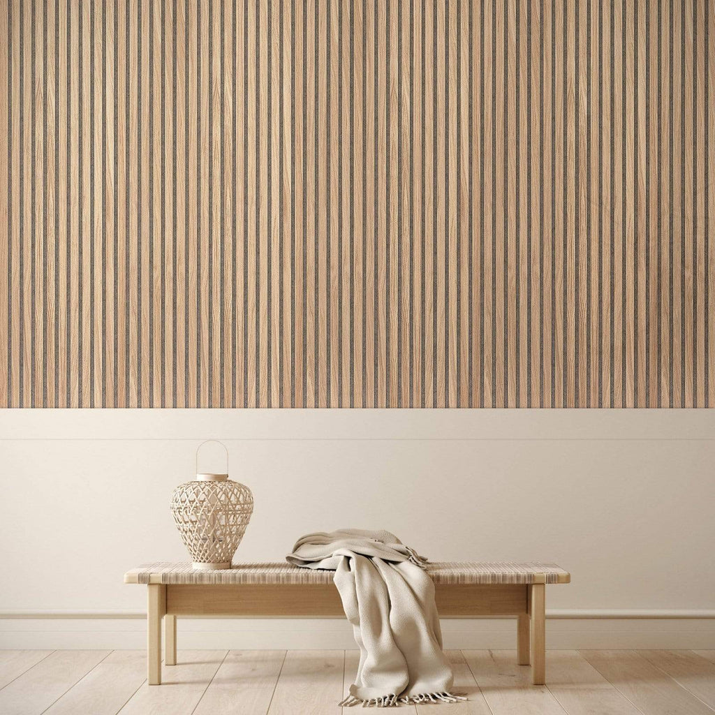 Natural Oak Acoustic Slat Wood Paneling for Soundproofing Walls, White Felt  Backing (94 x 12)